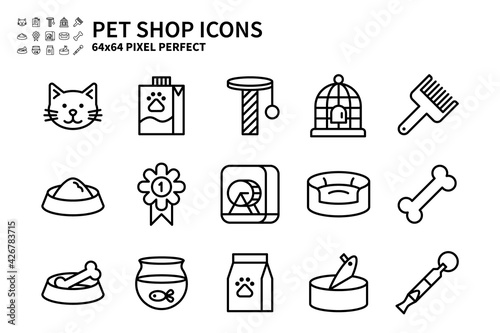 Simple Set of Pet Shop Vector Line Icons. Contains icons like Cat head, Pet milk, Bird cage, Pet food and more. 64x64 Pixel Perfect.