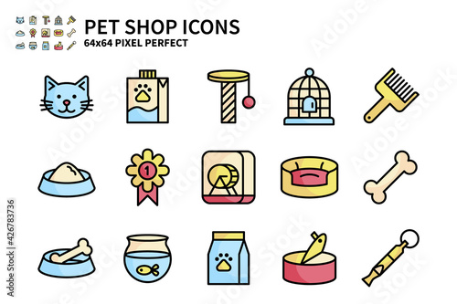 Simple Set of Pet Shop Vector Line Filled Color Icons. Contains icons like Cat head, Pet milk, Bird cage, Pet food and more. 64x64 Pixel Perfect.