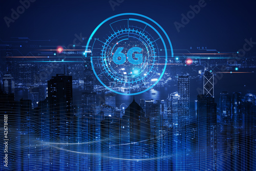 6G network digital hologram and internet of things on blue smart city background
