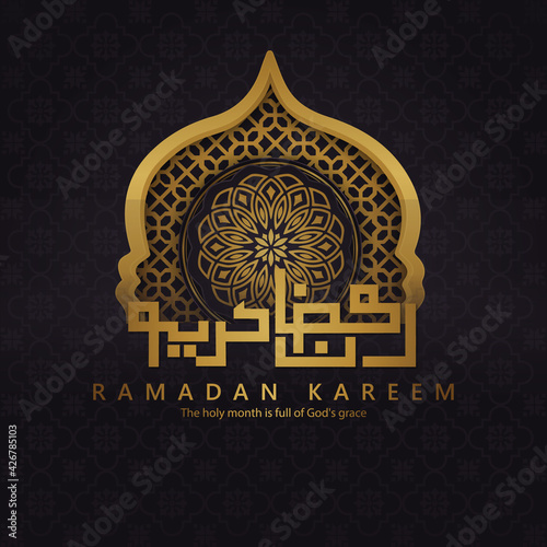 Ramadan background islamic greeting design with mosque door with floral ornament and arabic calligraphy. vector illustration