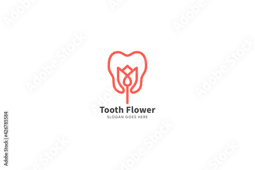tooth rose flower logo template design with red color on object combined black colors on text.