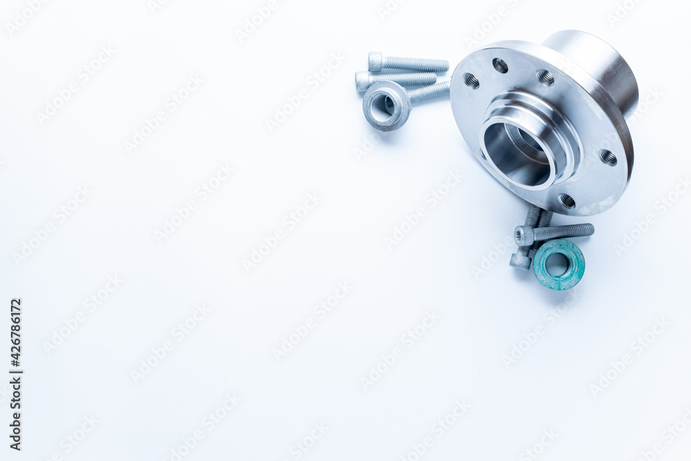 Car construct. Set of new metal car part. Auto motor mechanic spare or automotive piece isolated on white background. Automobile engine service with space for text. Car construct. Set of new metal car part. Auto motor mechanic spare or automotive piece isolated on white background. Automobile engine service with space for text.