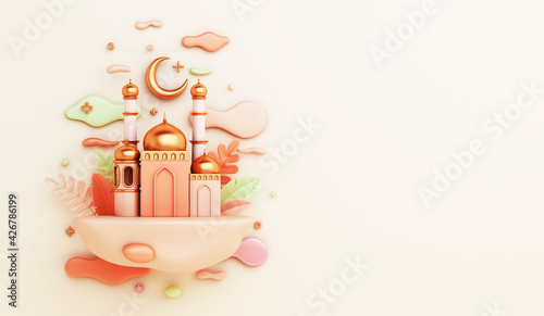 Islamic decoration background with mosque, crescent moon, leaves, cloud cartoon style, Ramadan Kareem, iftar, Isra  Miraj, eid al Fitr Adha, Muharram, copy space text area, 3D illustration.