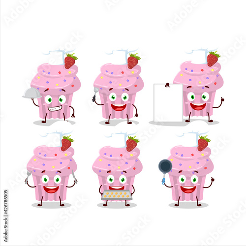 Fototapeta Naklejka Na Ścianę i Meble -  Cartoon character of strawberry muffin with various chef emoticons