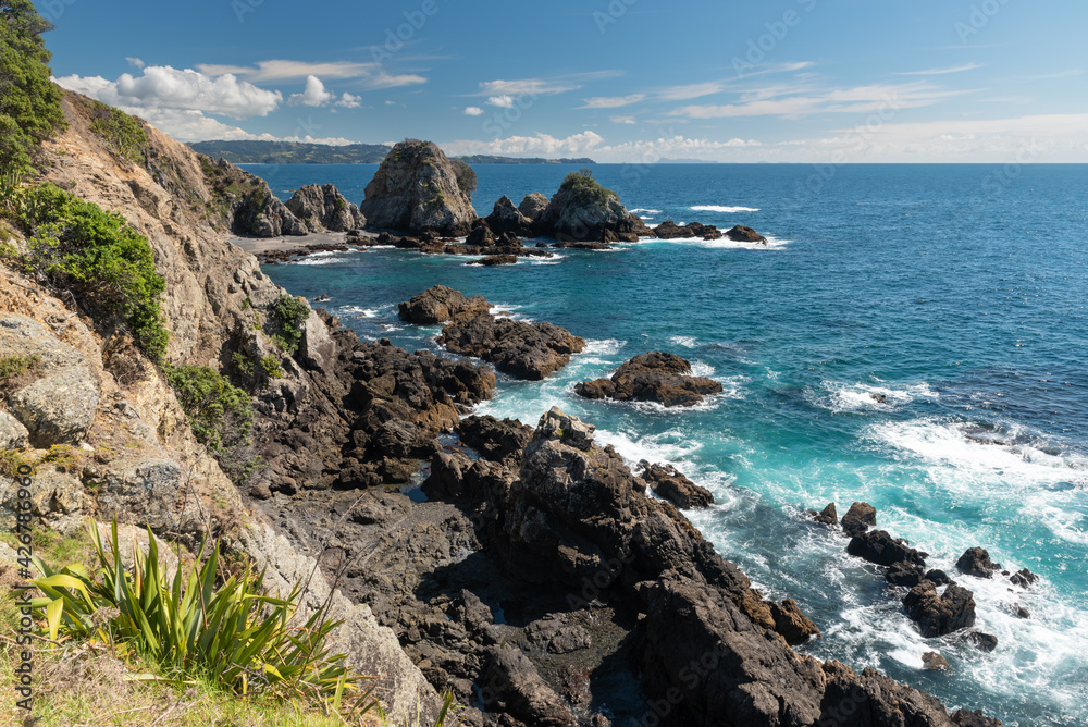 The rocky coastline at Takatu Point in Tawharanui Regional Park, Auckland, New Zealand, on a beautiful, sunny day.