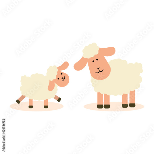 A sheep with a lamb on a white isolated background. Vector flat illustration