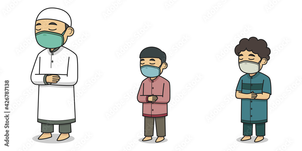 Imam and Makmum Characters Wearing Face Mask. Vector Illustration. Children Book.
