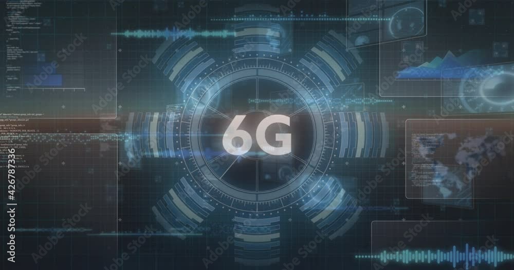 Animation of 6g text and glowing interface with charts, information moving on dark background Animation of 6g text and glowing interface with charts, information moving on dark background