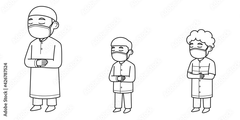 Imam and Makmum Characters Wearing Face Mask. Vector Illustration. Coloring Book. Imam and Makmum Characters Wearing Face Mask. Vector Illustration. Coloring Book.
