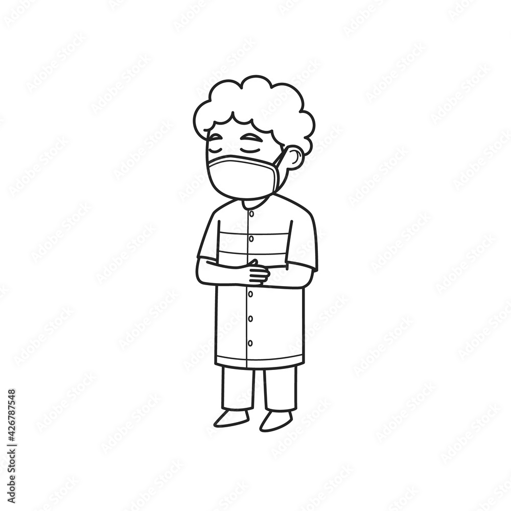 Curly Boy Character Wearing Face Mask. Vector Illustration. Coloring Book.