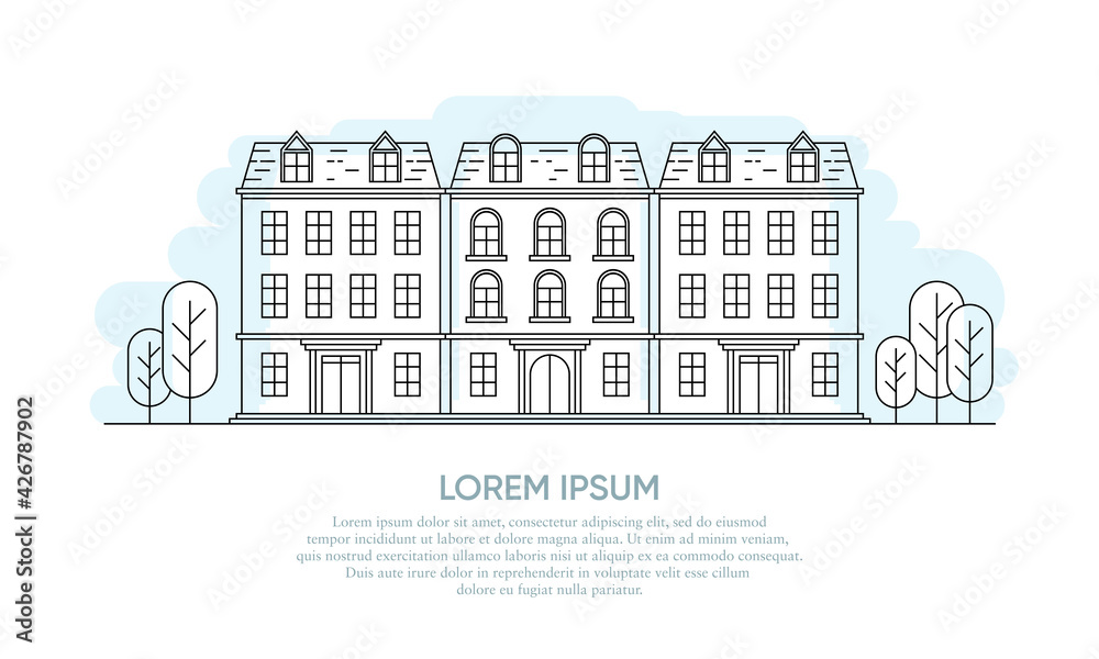 Outline vector illustration of an urban apartment complex in Victorian design. Suitable for design element from promotion of tourist destination, urban layouts, and modern luxury building. 