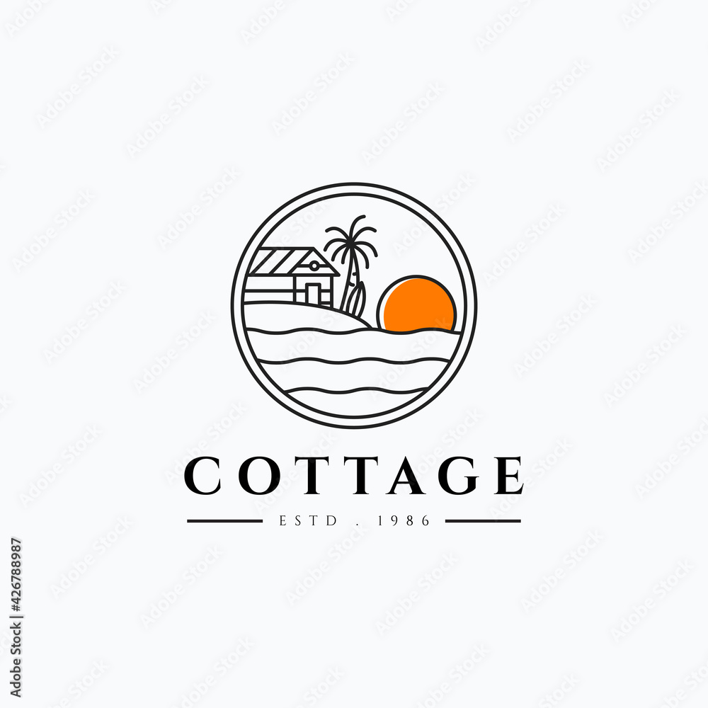 Minimalist line art beach wooden cabin with surf board and sunset vector illustration design. Circle badge wooden cottage logo concept.