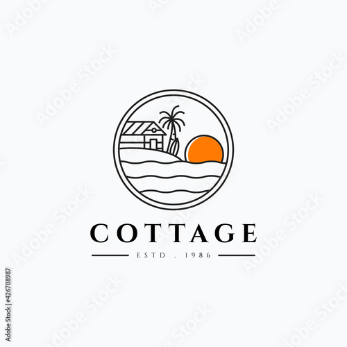 Minimalist line art beach wooden cabin with surf board and sunset vector illustration design. Circle badge wooden cottage logo concept.