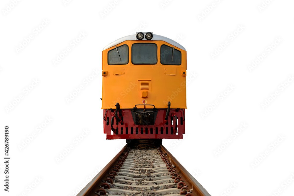 Front of glossy yellow Diesel Electric Locomotive on track isolated on white background with clipping path.