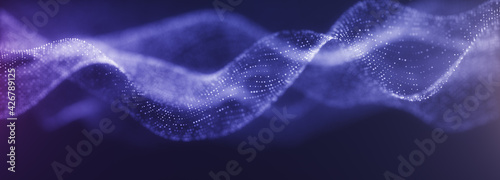 Abstract digital wave technology with flowing particles. Connection lots and line on dark background. beautiful technology corporate concept background. © AVADA