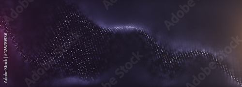 Abstract digital wave technology with flowing particles. Connection lots and line on dark background. beautiful technology corporate concept background. © AVADA