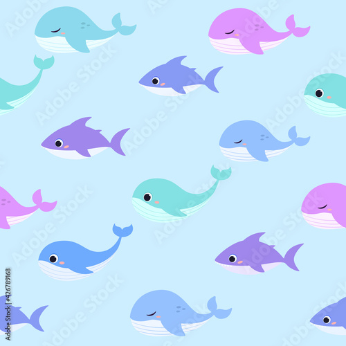 Sea animals seamless pattern. Wallpaper with fishes on a blue background. Cute ocean animals vector. 