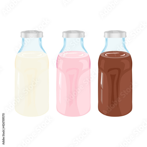 Bottles with milk, strawberry milk and chocolate milk. Vector illustration in cartoon style. Isolated. white background.