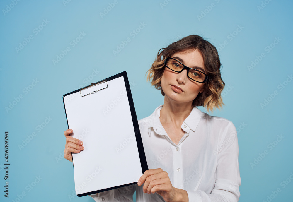 Business woman with document folder white sheet of paper business mockup Business woman with document folder white sheet of paper business mockup