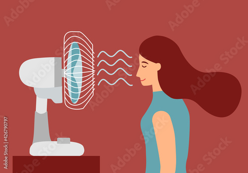 Woman with electric fan blowing in flat design. She exhausted of hot summer day. Tired female need wind blow.