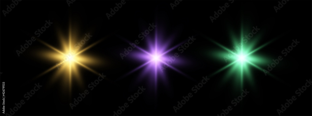 Set of sparkle lights yellow, purple, green. Glow light effect colorful vivid. Star shine with sparkles isolated on dark background. Flare bright explosion. Magic fantasy particle.Vector illustration. Set of sparkle lights yellow, purple, green. Glow light effect colorful vivid. Star shine with sparkles isolated on dark background. Flare bright explosion. Magic fantasy particle.Vector illustration.
