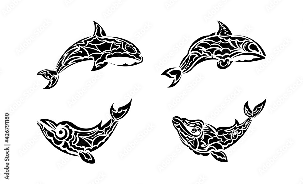 Naklejka premium Set of whale tattoo in boho style. Isolated. Vector