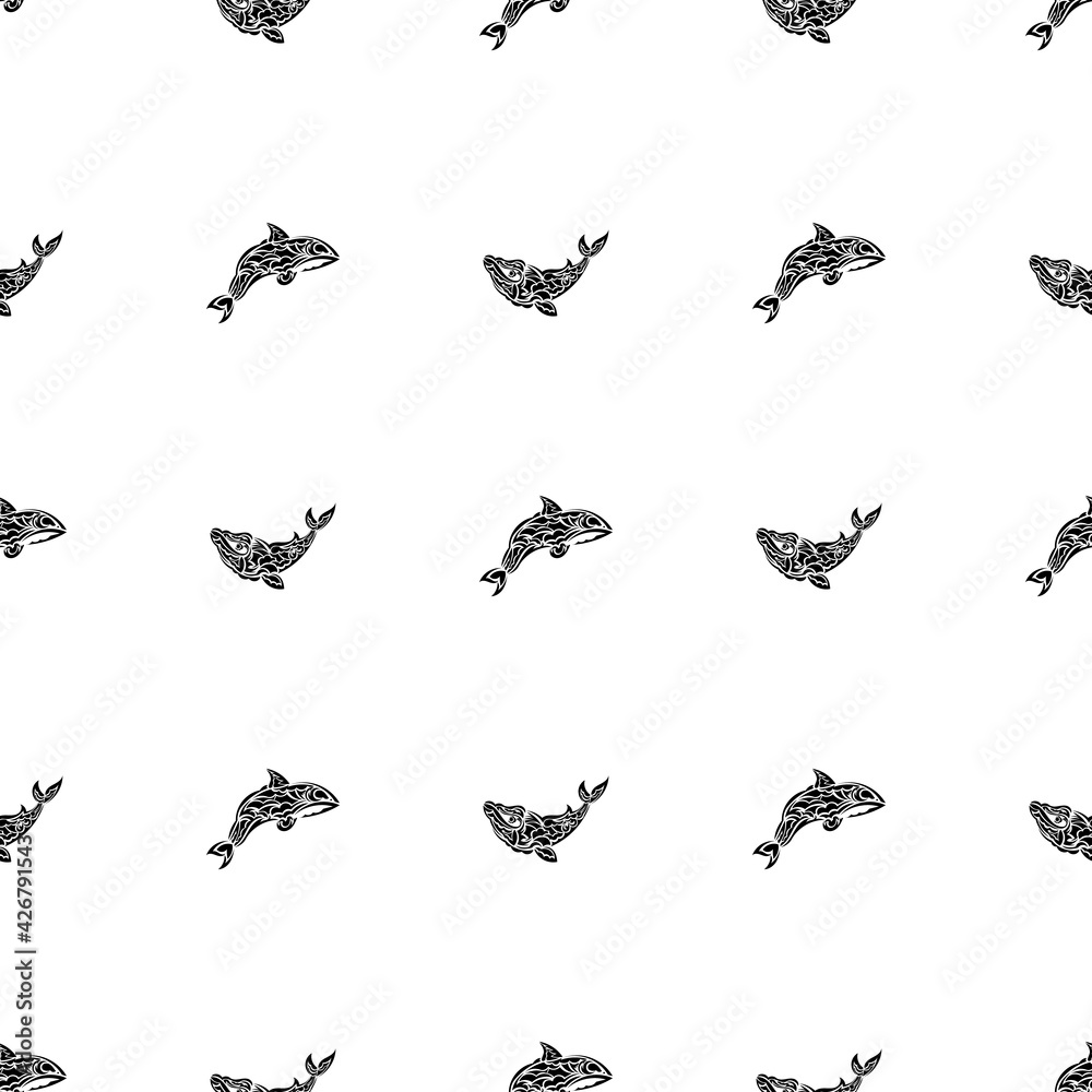 Fototapeta premium Seamless Black and White Pattern with Whales in Simple Style. Good for clothing and textiles. Vector illustration.