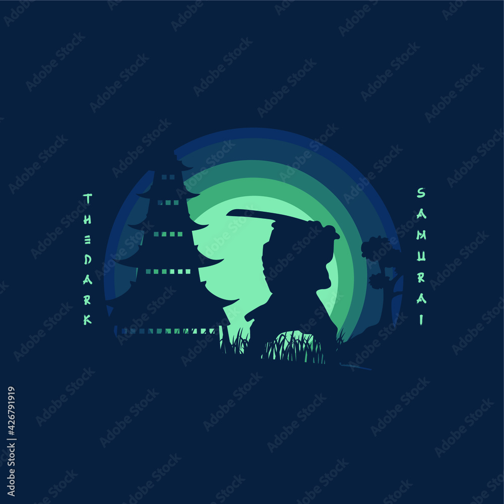 Obraz premium Illustration Silhouette Samurai Warrior Japan Template with Sword, Perfect for T-shirt, Hoodie, etc
