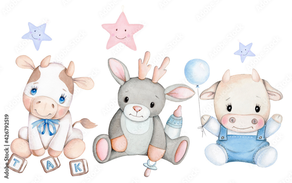 Cute cartoon illustration of sweet baby toys. Watercolor art.