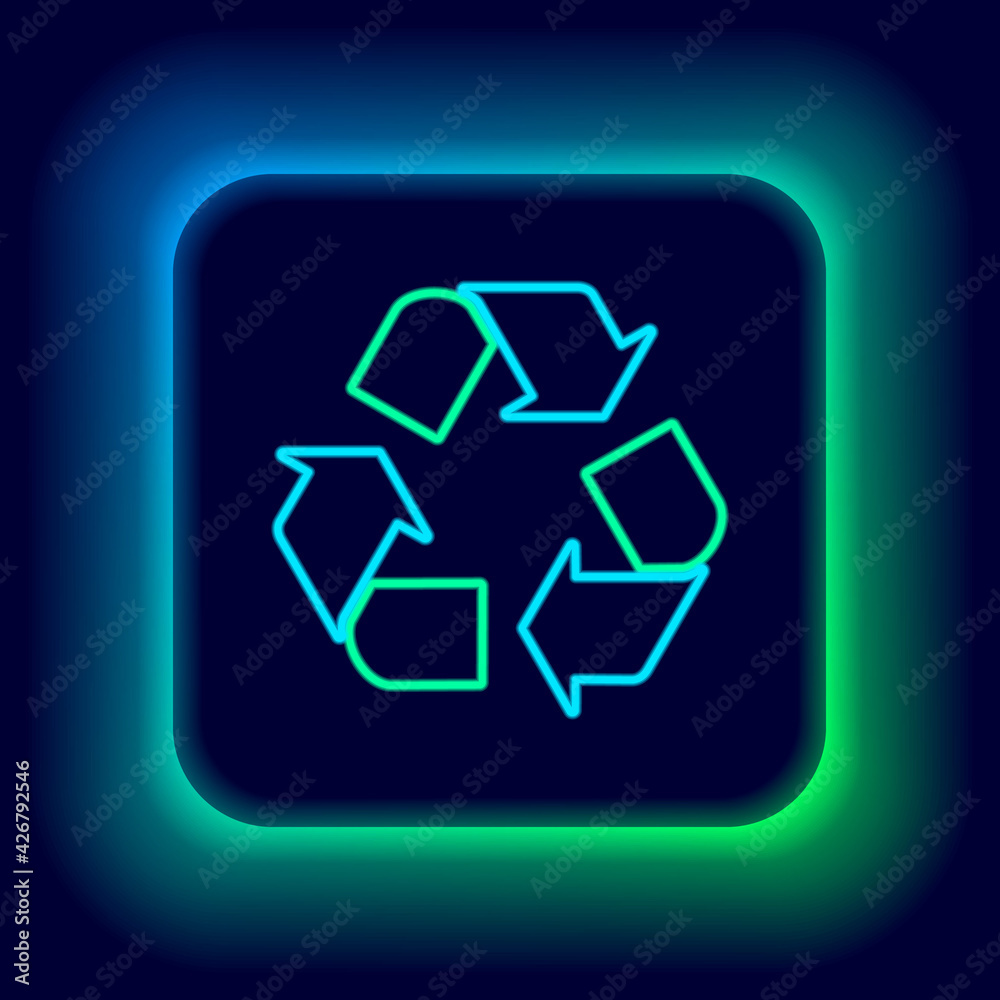 Glowing neon line Recycle symbol icon isolated on black background. Circular arrow icon. Environment recyclable go green. Colorful outline concept. Vector Glowing neon line Recycle symbol icon isolated on black background. Circular arrow icon. Environment recyclable go green. Colorful outline concept. Vector