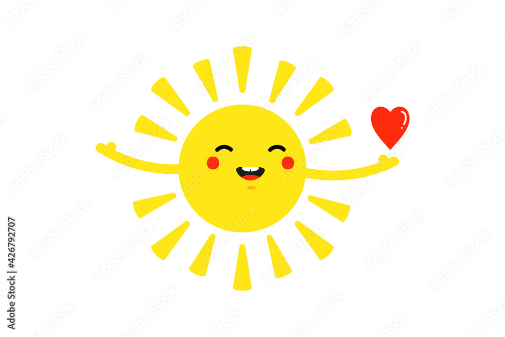 Cute cartoon style smiling shining sun character holding in hand red heart. Love and appreciation concept.