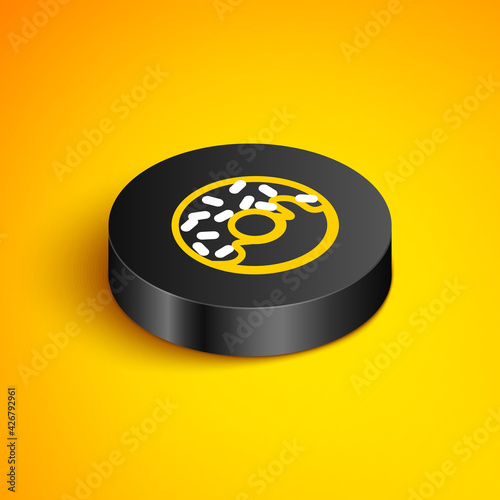 Isometric line Donut with sweet glaze icon isolated on yellow background. Black circle button. Vector