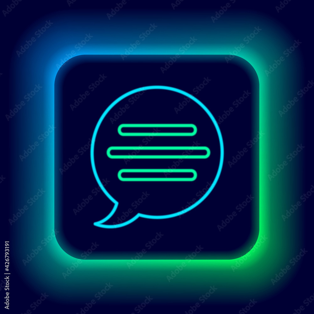Glowing neon line Speech bubble chat icon isolated on black background. Message icon. Communication or comment chat symbol. Colorful outline concept. Vector Glowing neon line Speech bubble chat icon isolated on black background. Message icon. Communication or comment chat symbol. Colorful outline concept. Vector