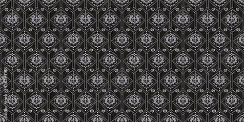Background pattern with geometric and and floral ornaments on a black background in Asian style, wallpaper. Seamless pattern, texture for your design. Vector illustration 