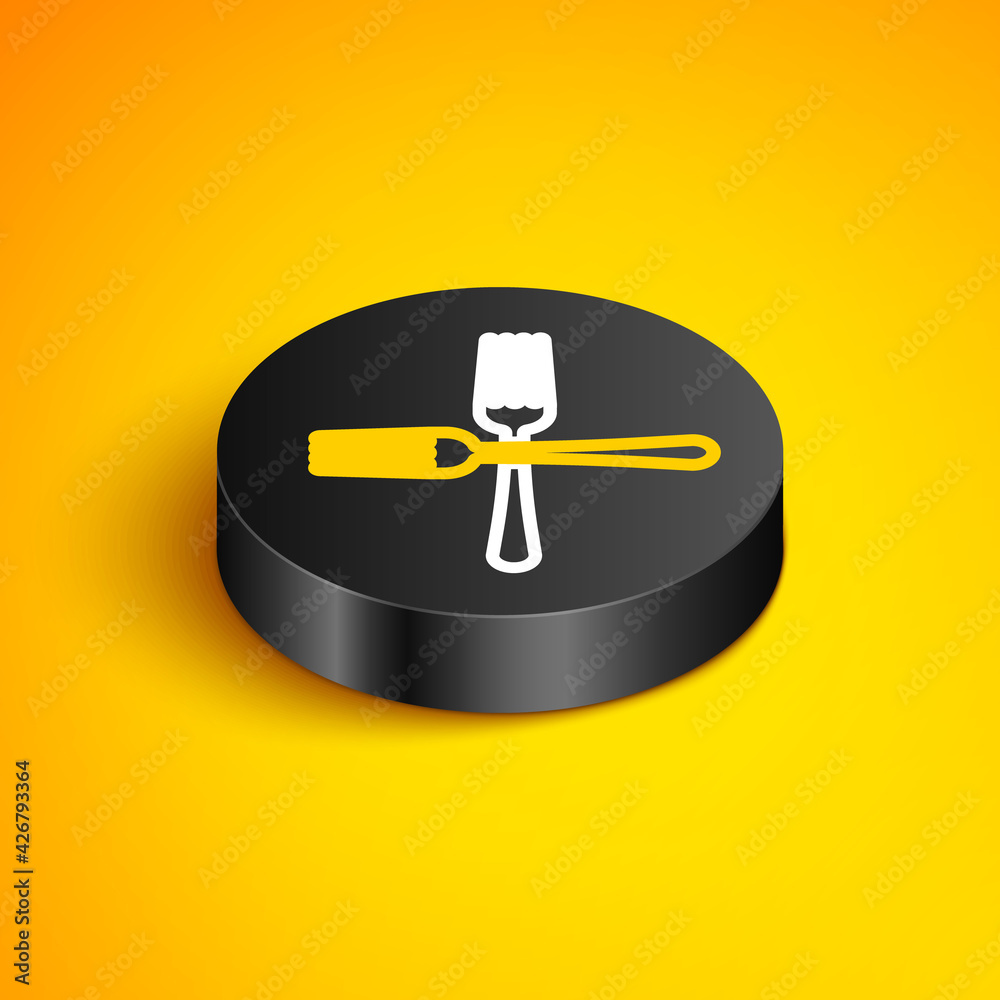 Isometric line Crossed fork icon isolated on yellow background. Cutlery symbol. Black circle button. Vector Isometric line Crossed fork icon isolated on yellow background. Cutlery symbol. Black circle button. Vector