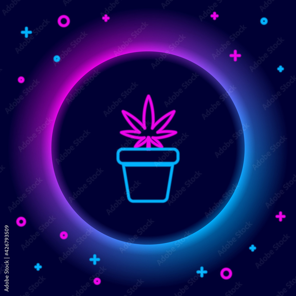 Glowing neon line Medical marijuana or cannabis plant in pot icon isolated on black background. Marijuana growing concept. Hemp potted plant. Colorful outline concept. Vector Glowing neon line Medical marijuana or cannabis plant in pot icon isolated on black background. Marijuana growing concept. Hemp potted plant. Colorful outline concept. Vector