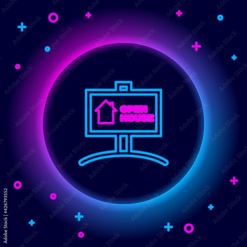 Glowing neon line Hanging sign with text Open house icon isolated on black background. Signboard with text Open house. Colorful outline concept. Vector