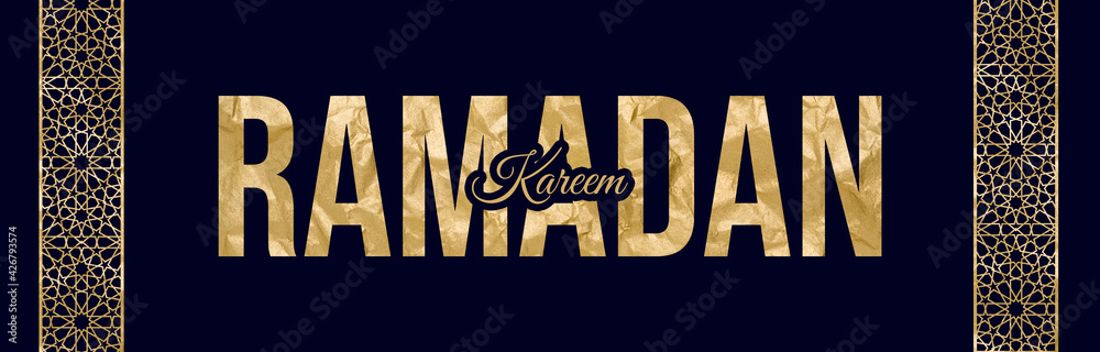 Fototapeta premium Ramadan Kareem beautiful lettering luxury gold pattern with dark navy background, Islamic month Ramadan