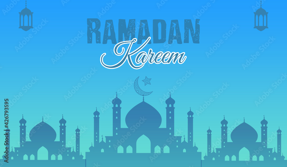 Ramadan Kareem beautiful background with mosque and lanterns in the background