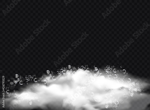 Bath foam with shampoo bubbles isolated on a transparent background. Vector shave, foam mousse with bubbles top view template for your advertising design.