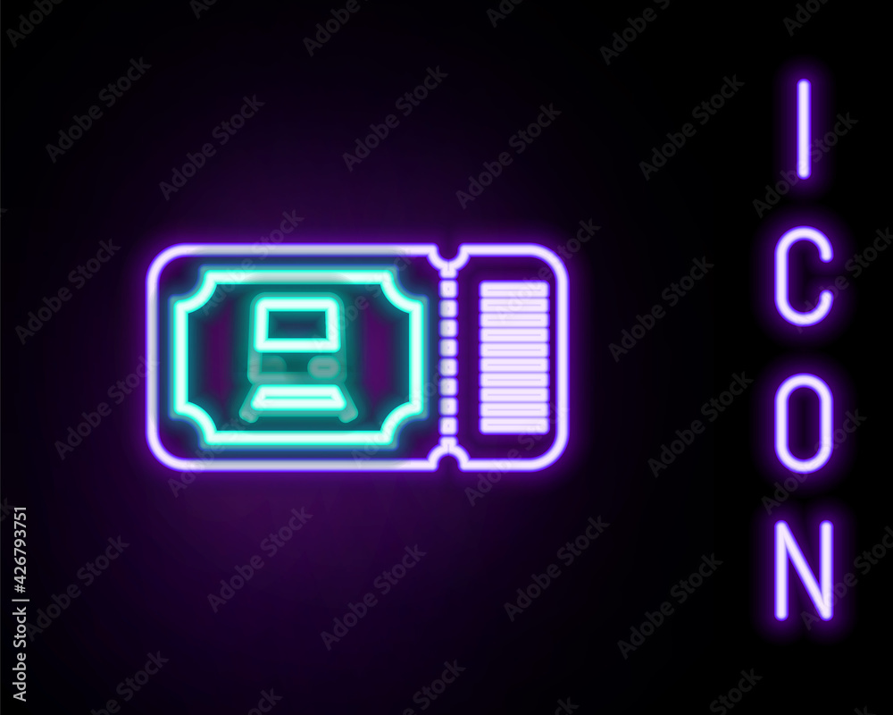 Glowing neon line Train ticket icon isolated on black background. Travel by railway. Colorful outline concept. Vector Glowing neon line Train ticket icon isolated on black background. Travel by railway. Colorful outline concept. Vector