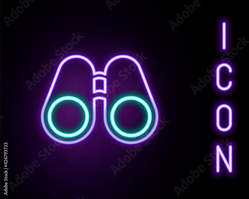 Glowing neon line Binoculars icon isolated on black background. Find software sign. Spy equipment symbol. Colorful outline concept. Vector
