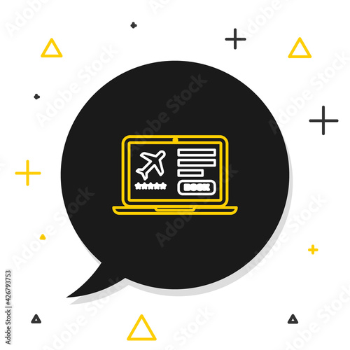 Line Laptop with electronic boarding pass airline ticket icon isolated on white background. Passenger plane mobile ticket for web and app. Colorful outline concept. Vector