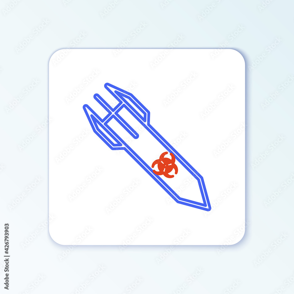 Line Biohazard rocket icon isolated on white background. Rocket bomb flies down. Colorful outline concept. Vector Line Biohazard rocket icon isolated on white background. Rocket bomb flies down. Colorful outline concept. Vector