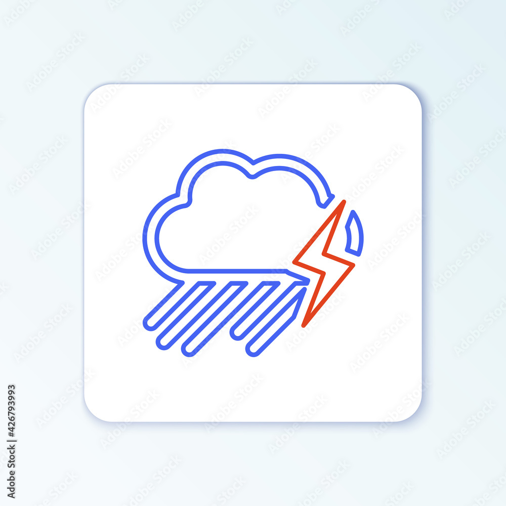 Line Cloud with rain and lightning icon isolated on white background. Rain cloud precipitation with rain drops.Weather icon of storm. Colorful outline concept. Vector