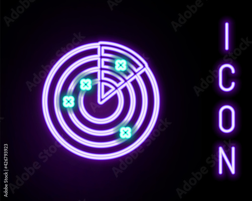 Glowing neon line Radar with targets on monitor in searching icon isolated on black background. Military search system. Navy sonar. Colorful outline concept. Vector