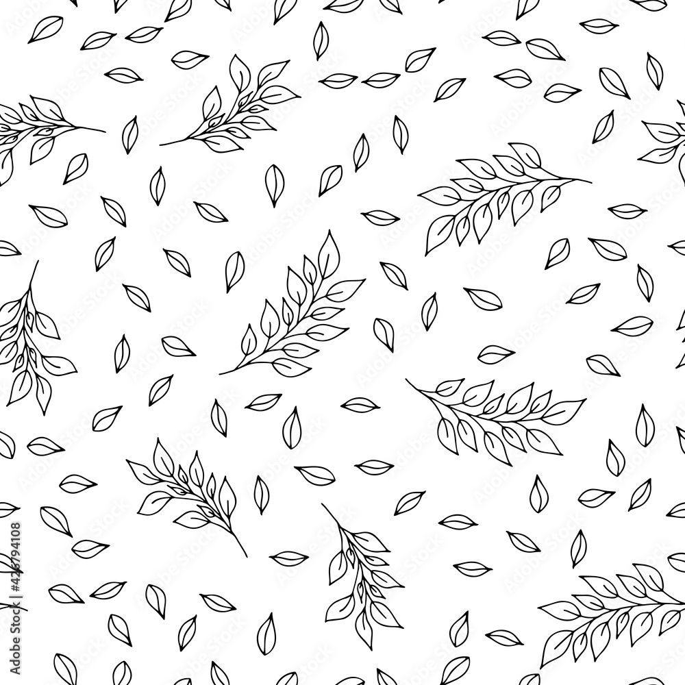Fototapeta premium Vector seamless pattern with hand drawn branch and leaves on white background.