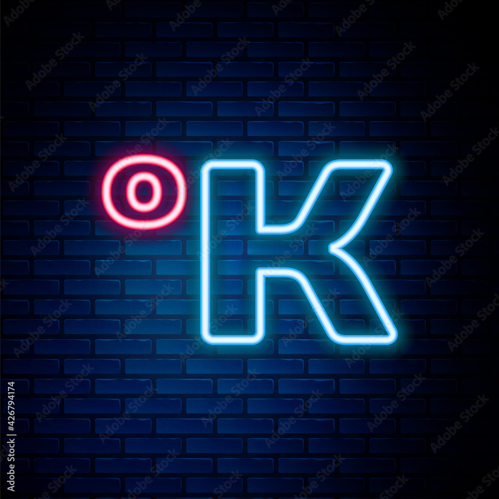 Glowing neon line Kelvin icon isolated on brick wall background. Colorful outline concept. Vector Glowing neon line Kelvin icon isolated on brick wall background. Colorful outline concept. Vector