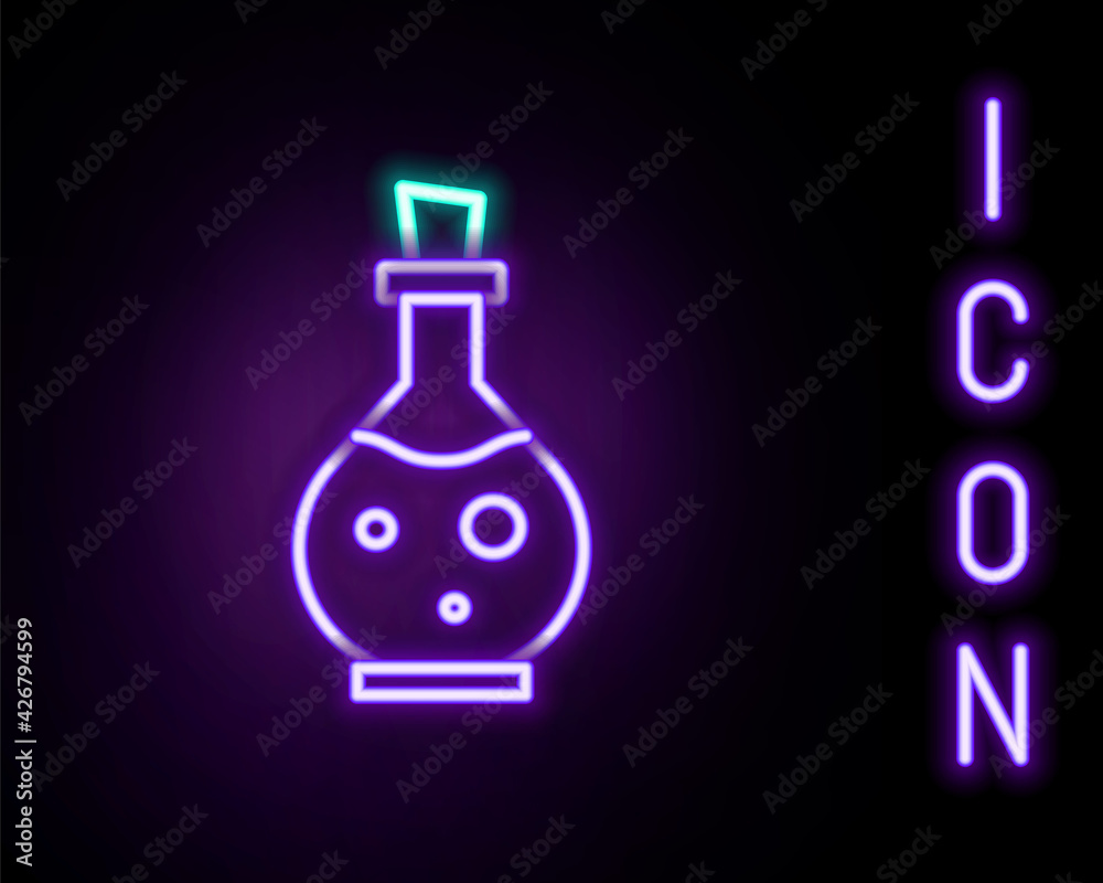 Glowing neon line Glass bottle with magic elixir icon isolated on black background. Computer game asset. Colorful outline concept. Vector Glowing neon line Glass bottle with magic elixir icon isolated on black background. Computer game asset. Colorful outline concept. Vector
