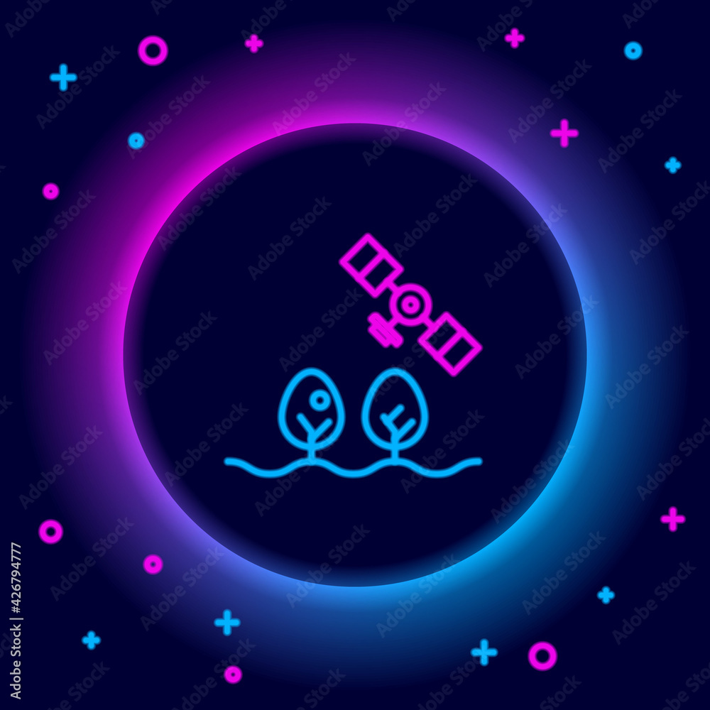 Glowing neon line Smart farm with drone control and tree icon isolated on black background. Innovation technology for agricultural company. Colorful outline concept. Vector Glowing neon line Smart farm with drone control and tree icon isolated on black background. Innovation technology for agricultural company. Colorful outline concept. Vector